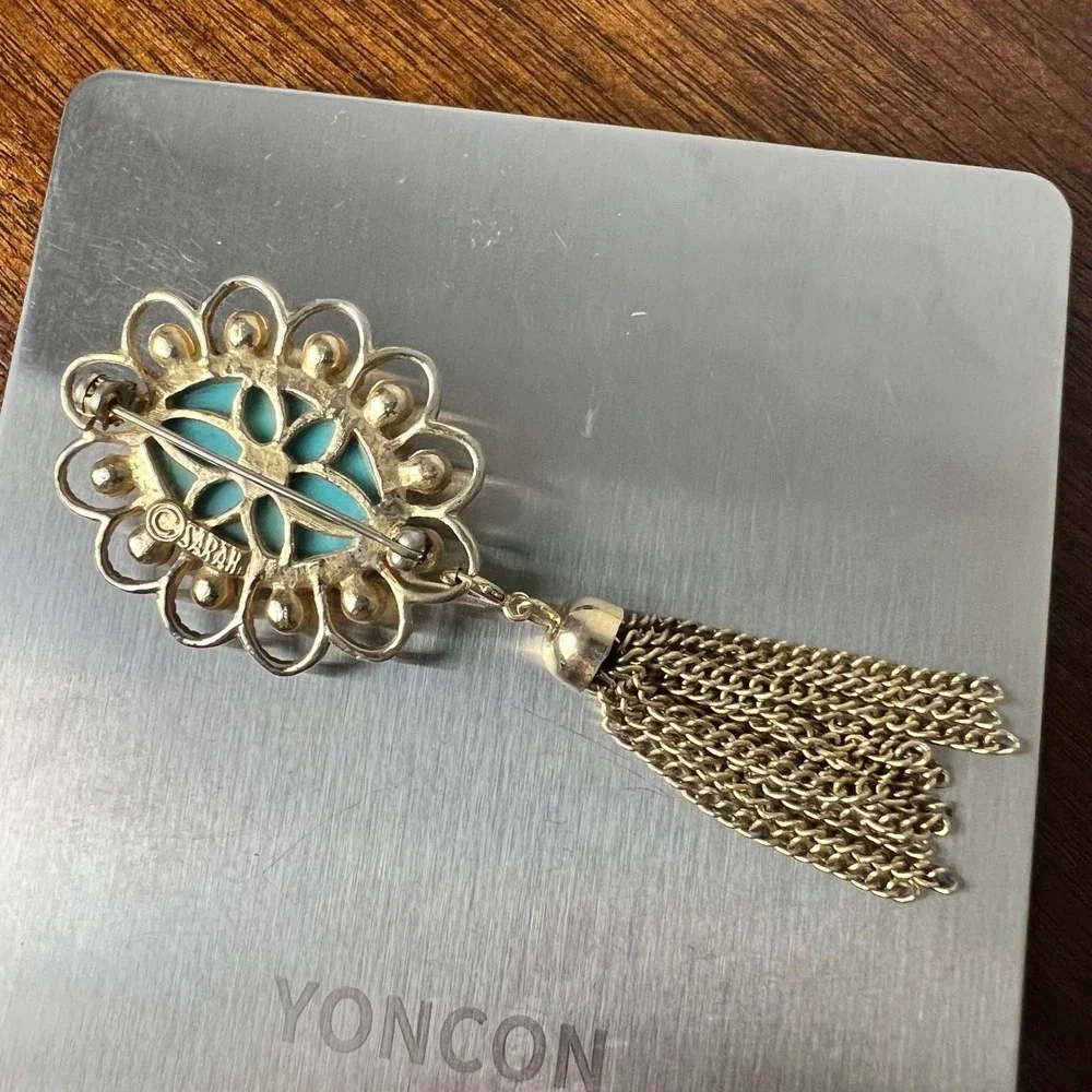 Vintage Sarah Coventry Turquoise Faux Pearl Tassel Brooch Pendant Gold Tone